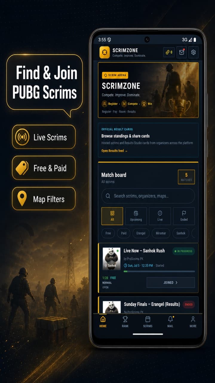 Scrim Zone app: live scrims, match board and filters